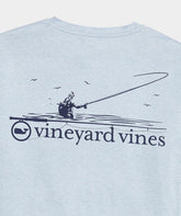 Men's long sleeve t-shirt in the color blue. Showing a fly fishing illustration and the Vineyard Vines logo.